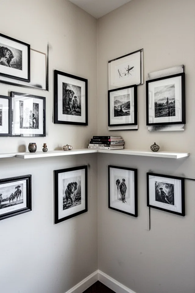 A gallery wall wrapping a corner, but with a single thin shelf running through the midpoint. The shelf holds a few small objects and a stack of books. The art frames are a mix of sizes and styles, all black and white. The shelf is painted the same as the wall, so it appears to float. The corner feels like a curated alcove. Photo taken at an angle that shows both walls, with the shelf as a horizontal line connecting the art.