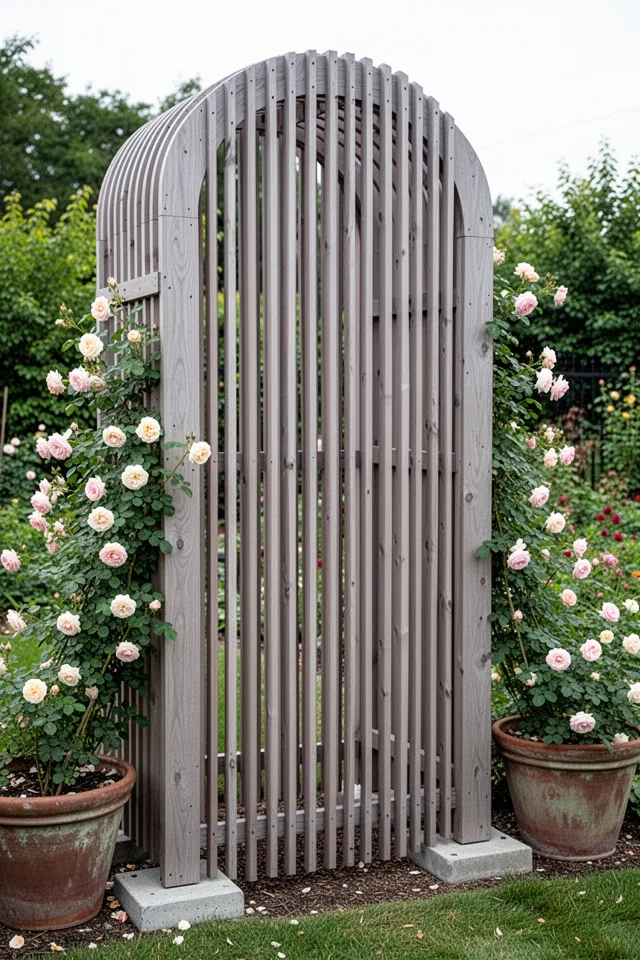 A garden arch made from vertical cedar slats spaced an inch apart, forming a tall, narrow tunnel. The slats are attached to a curved frame of bent plywood, with the whole structure stained a soft grey-brown. At the base, the slats are set into concrete footings. The arch is flanked by two large pots of climbing roses.