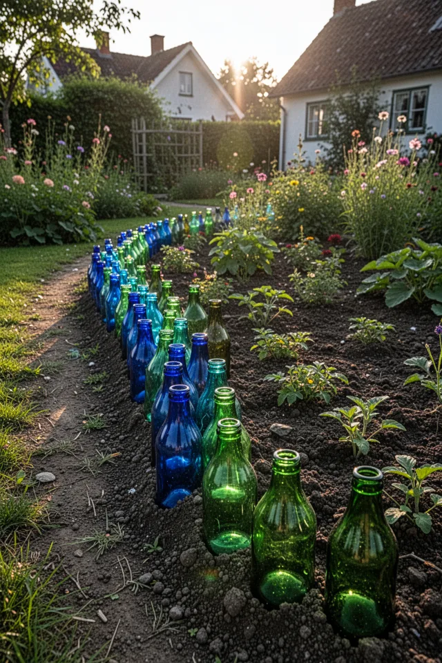 A garden bed bordered by blue and green glass bottles buried upside down, their necks flush with the soil. The bottles catch sunlight, glowing along the edge. Late afternoon, long shadows, cottage garden.