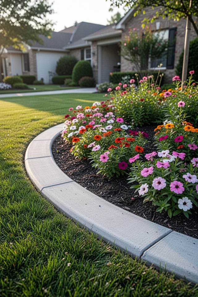 A garden bed with a 4-inch wide concrete curb edging the entire border. The concrete is smooth and flush with the lawn. The edging separates grass from flowers cleanly. Morning light, tidy suburban garden.