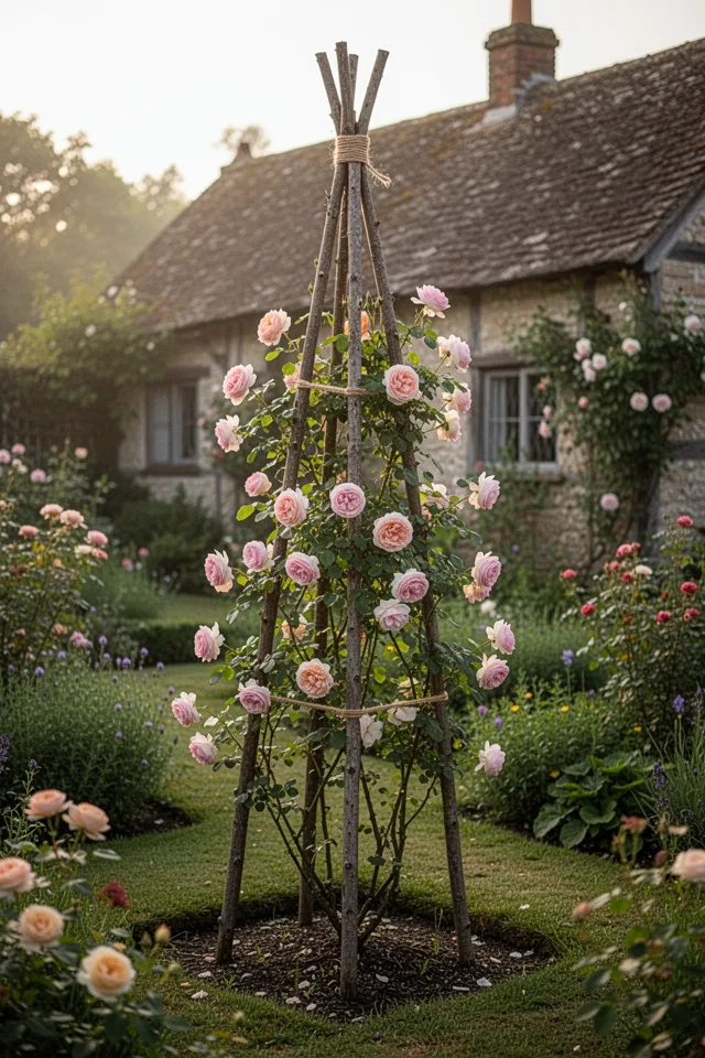 A garden obelisk made of four straight branches tied together at the top with jute twine, standing 5 feet tall. A climbing rose grows around it. Morning light, rustic cottage garden.