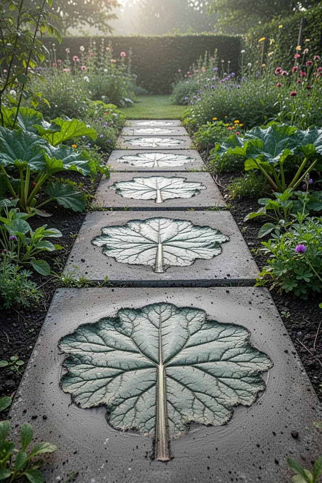 A garden path with concrete stepping stones, each embedded with a large rhubarb leaf imprint. The leaves are pressed into the wet concrete, leaving a perfect vein pattern. Morning light, lush garden around.