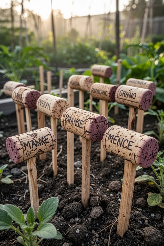 A garden row with small labels made from wine corks glued to wooden skewers. Each cork has a plant name written in permanent marker. The corks are weather-worn. Morning light, rustic garden.