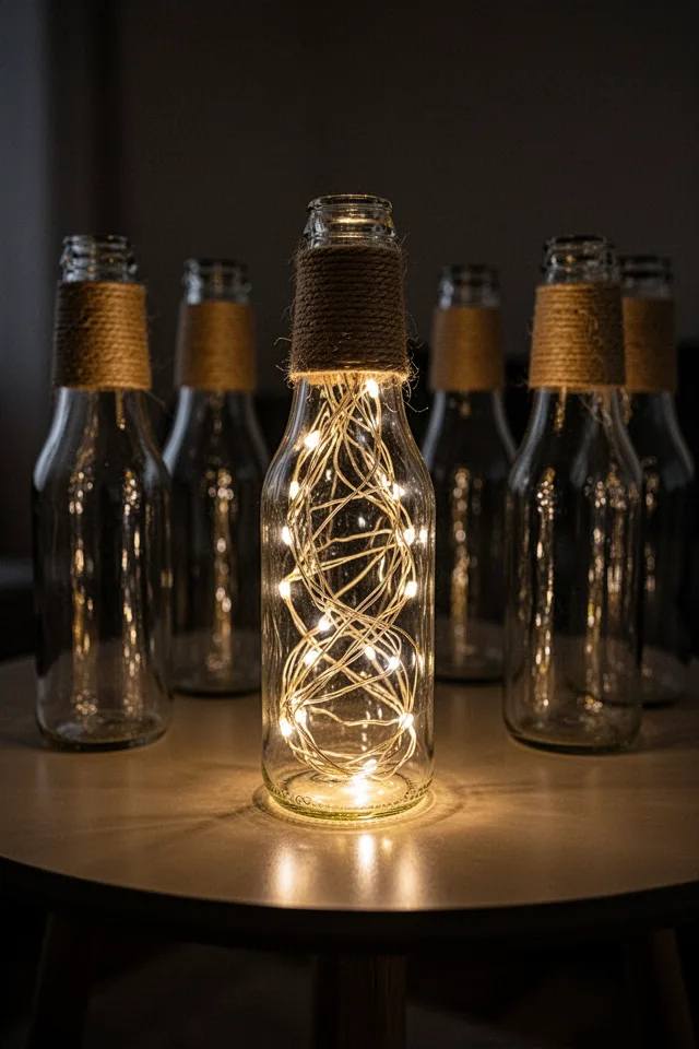A glass soda bottle cleaned of labels, with a strand of micro LED fairy lights stuffed inside. The bottle glows from within. The bottle neck is wrapped with jute twine. Sitting on a round table with several identical bottles. Dark room, soft ambient light.