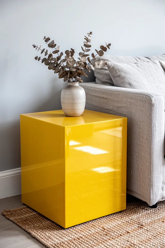 A glossy yellow side table sitting next to a neutral linen sofa. The table is lacquered, almost reflective. On it sits a simple ceramic vase with dried eucalyptus. The room has pale gray walls and a jute rug. The yellow table is the only bright color. The light catches the lacquer surface.