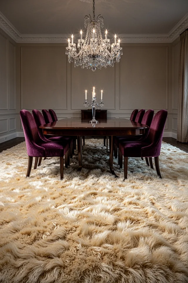 A grand formal dining room with a crystal chandelier, a dark mahogany table, and velvet chairs. Underneath, a thick high-pile shag carpet in cream or champagne — the pile is about two inches deep, lush, almost fur-like. The room is otherwise spare. A single candelabra on the table. The shag is immaculate, no footprints, no stains. Soft ambient lighting makes the carpet glow. The feel is luxurious, deliberate, almost theatrical. The room is not used for daily meals.