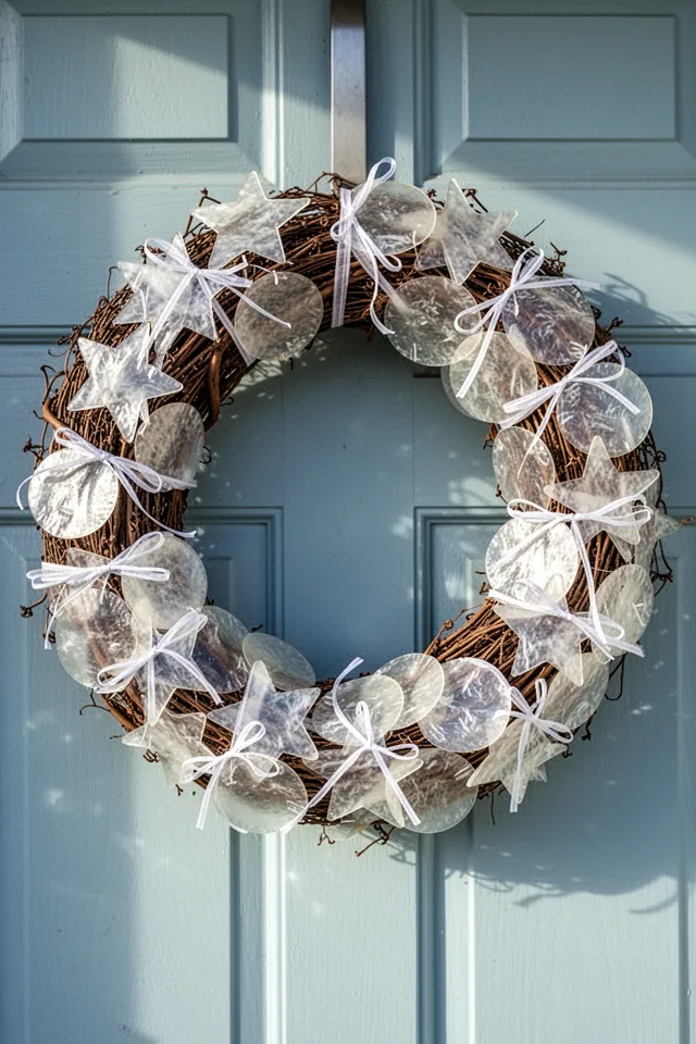 16 Capiz Shell Decor Ideas For A Dreamy Coastal Summer A grapevine wreath covered with capiz shell ornaments tied on with thin white ribbon. The shells are star-shaped and round, overlapping slightly. The wreath hangs on a pale blue door. Sunlight catches the shells, making them shimmer.