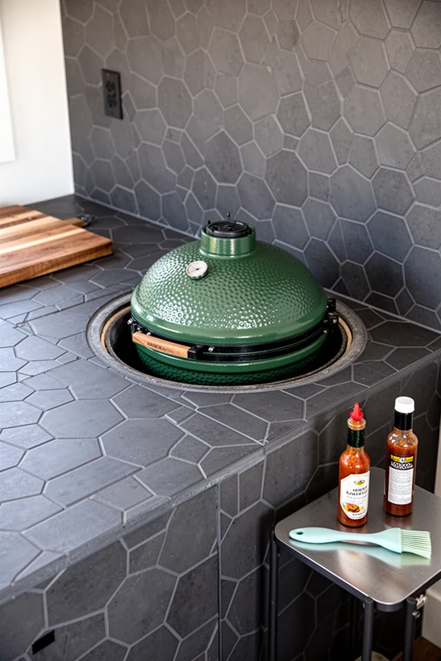 A green ceramic Kamado-style grill is recessed into a tiled countertop. The tile is a matte charcoal hexagon, and the grill lid sits flush with the counter surface when closed. A small side table holds a bottle of sauce and a silicone brush. The tiled counter extends a few feet to the left, with a wooden cutting board resting on top.