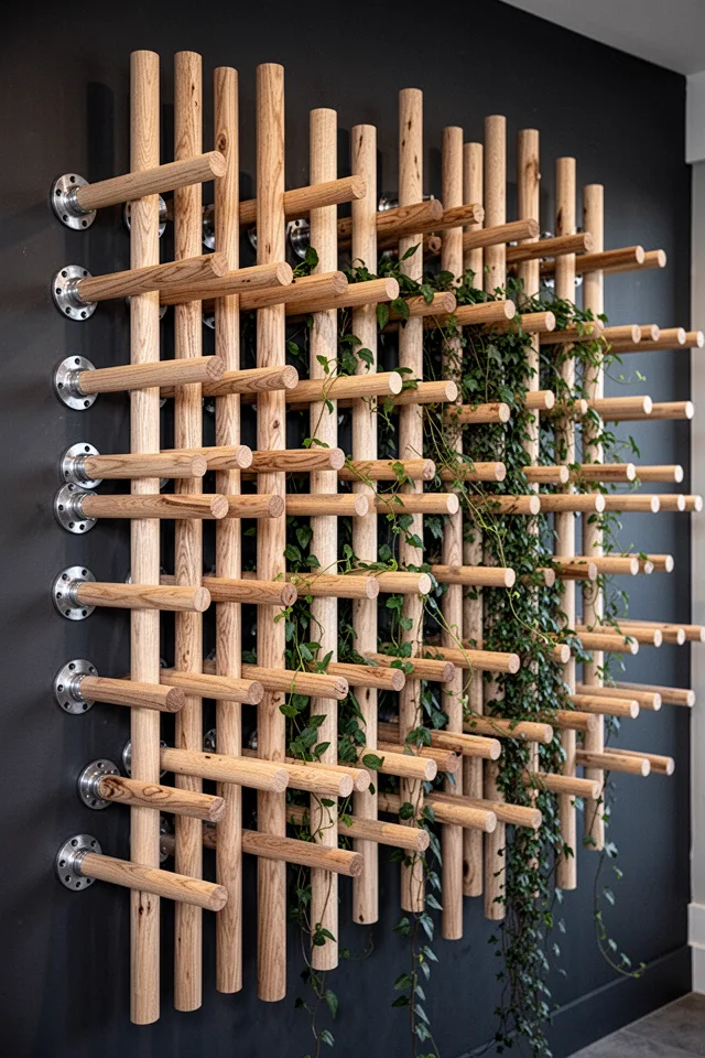 A grid of hardwood dowels protruding 12 inches from a wall, arranged in staggered rows like a giant abstract comb. Each dowel is anchored into the wall with a steel pipe flange. The dowels are unfinished oak, and the wall behind is painted a deep charcoal. When a vine grows along the dowels, it creates a layered, three-dimensional tapestry.