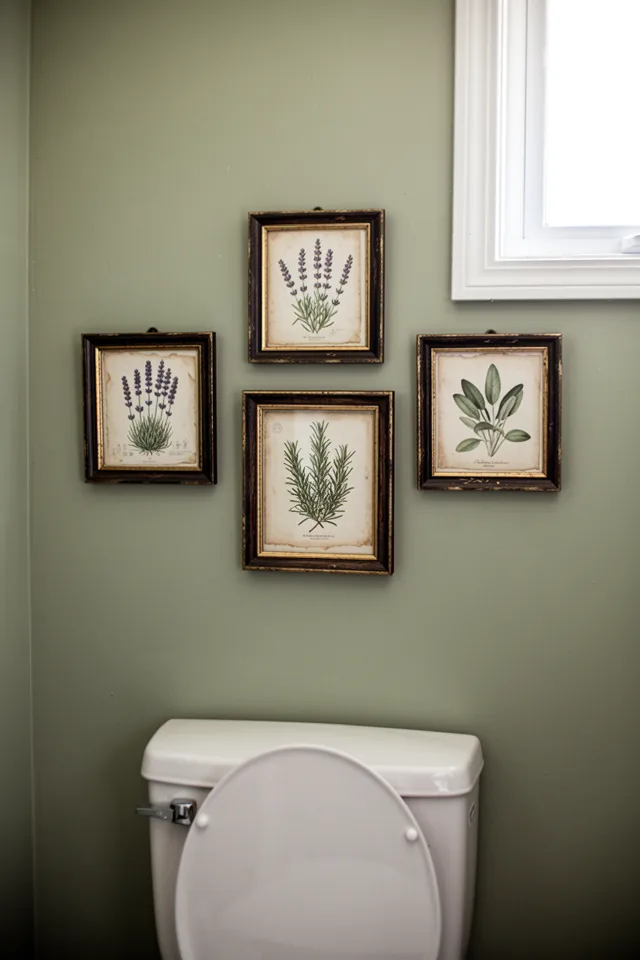 A grouping of three small framed vintage botanical prints hanging above a toilet on a wall painted in a muted sage tone. The frames are simple dark wood with gold detailing. The prints show detailed line drawings of herbs — lavender, rosemary, sage. The frames have glass, but the prints show slight age toning at the edges. The bathroom has a small window that provides gentle indirect light. The prints are spaced evenly, but not perfectly — one is slightly tilted.