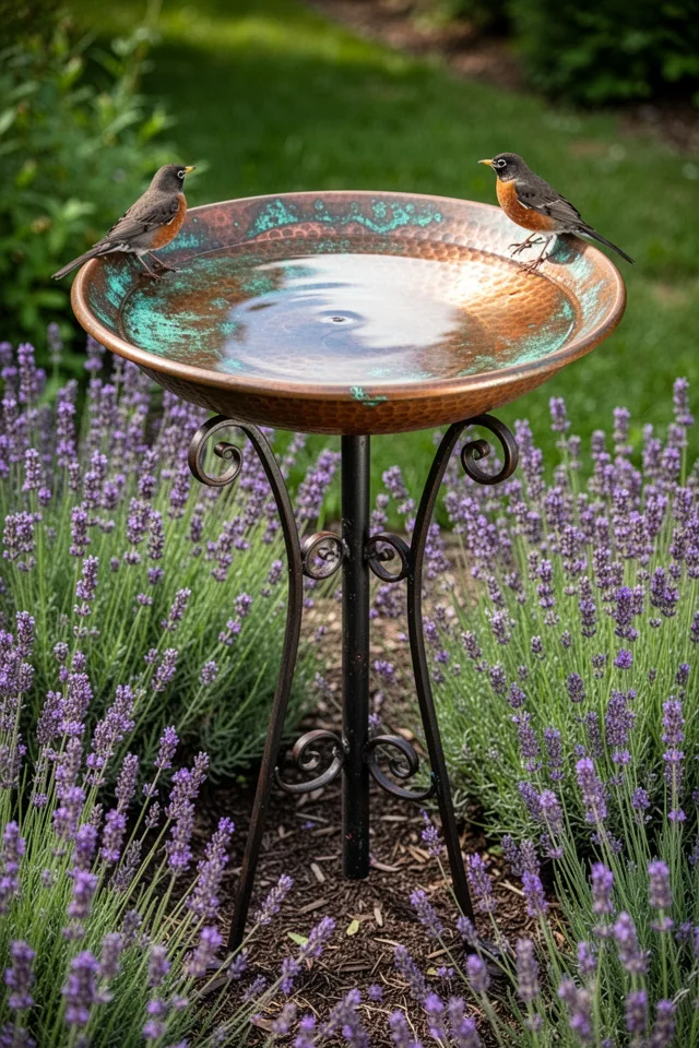 A hammered copper birdbath on a wrought iron stand, set in a garden bed surrounded by lavender. The copper has developed a green‑blue patina in spots, while other areas remain warm and bright. Water sits in the bowl, reflecting a patch of sky. A single robin perches on the rim. The stand is slightly off‑level, leaning into a bed of purple flowers.