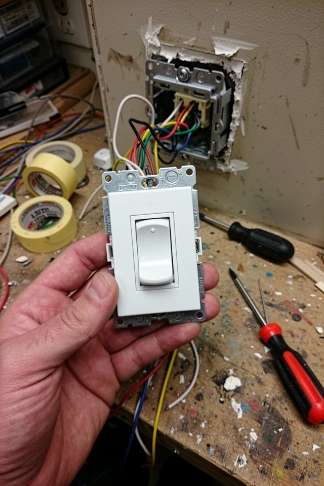 A hand holding a dimmer switch being wired into a wall box. The switch is white, with a sliding dimmer paddle. Wires are color-coded, electrical tape nearby. Work bench with screwdriver. Realistic, slightly messy work area.