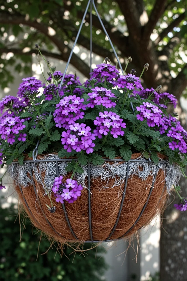 16 Container Gardening Flowers That Bloom All Season A hanging basket of purple verbena spilling over a wire frame. The small five-petaled flowers are grouped in tight clusters. The leaves are lacy, dark green, slightly rough. The basket is lined with coconut coir that has begun to silver. Dappled light through a nearby tree. A few spent flower stalks are visible.