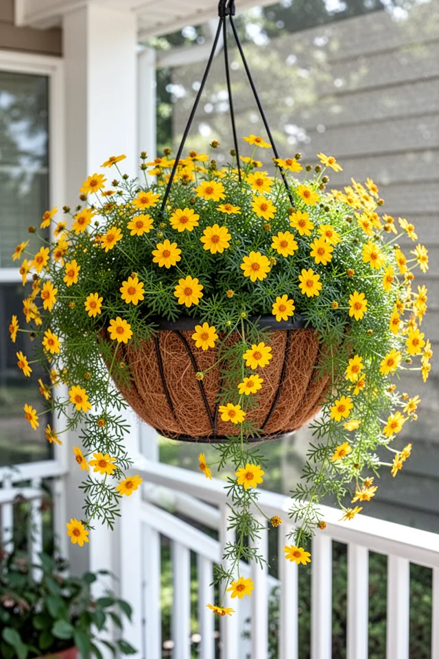 16 Container Gardening Flowers That Bloom All Season A hanging basket of yellow daisy-like flowers on a sunny porch. Bidens is trailing, the stems spilling over the basket rim with small golden blooms every few inches. The leaves are fine, fern-like, bright green. The basket is plastic, but the liner is a natural brown coir. No dead flowers visible — they drop cleanly.