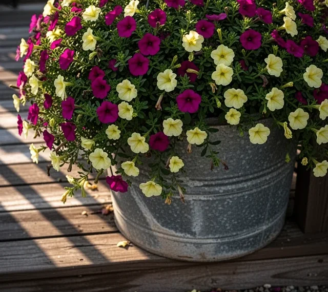 A hanging basket overflowing with small petunia-like flowers in deep magenta and soft yellow, spilling over a weathered
