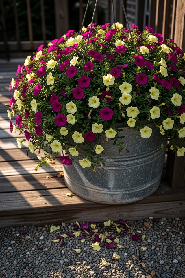 16 Container Gardening Flowers That Bloom All Season A hanging basket overflowing with small petunia-like flowers in deep magenta and soft yellow, spilling over a weathered galvanized metal rim. Late afternoon sun casts long shadows across a wooden deck. The leaves are tiny, dark green, and dense. A few dried petals have collected on the gravel below. The overall mood is abundant but not wild — controlled chaos.