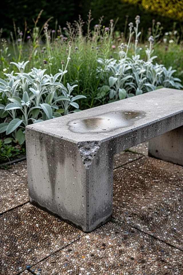 18 Cozy Patio Ideas To Enjoy This Summer A heavy, simple concrete bench, maybe 4 feet long, sitting on a gravel patio. One corner has a small chip. Behind it, a wild patch of lamb’s ear. Morning light, no cushions. The surface has slight staining from rain. Real texture. Shot from the side, low angle.