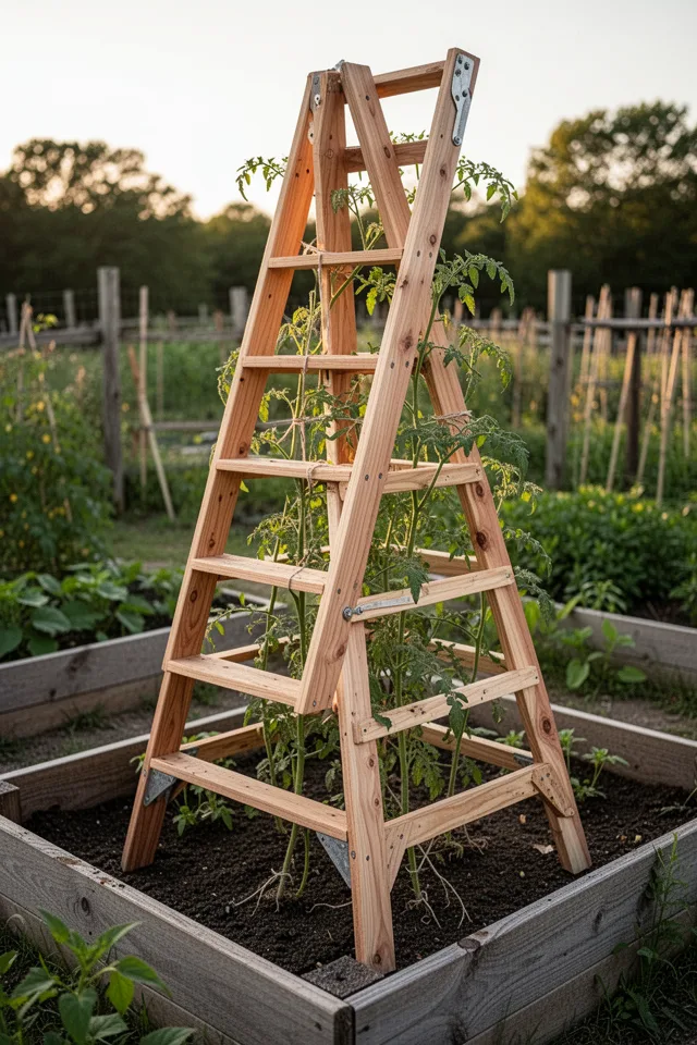 A homemade A-frame ladder made from 1x2 lumber, standing in a raised bed. The ladder has rungs every 8 inches. A tomato plant is tied to the ladder at several points. The wood is untreated cedar. Afternoon sun, rustic garden setting.