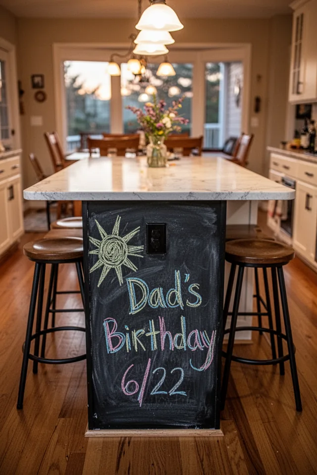 A kitchen island with a flat end panel facing the dining area. The lower half of the panel is painted with chalkboard paint. A child