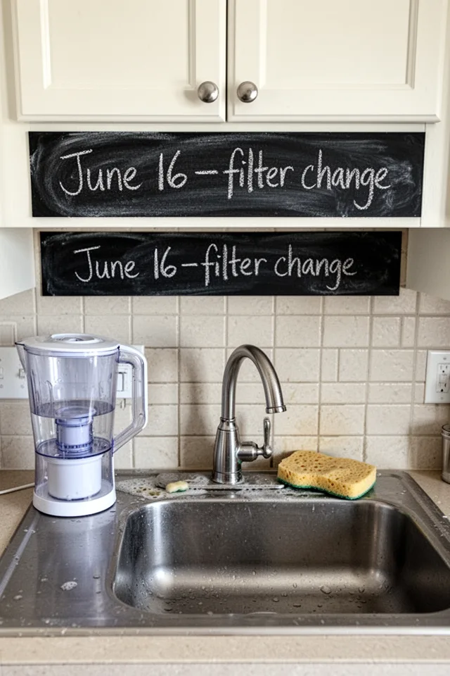 A kitchen sink area with a water filter pitcher on the counter. Above the sink, a 3x10 inch chalkboard strip is mounted on the cabinet front. Written in chalk: "June 16 – filter change." A damp sponge sits next to the faucet. Realistic kitchen grout lines visible.
