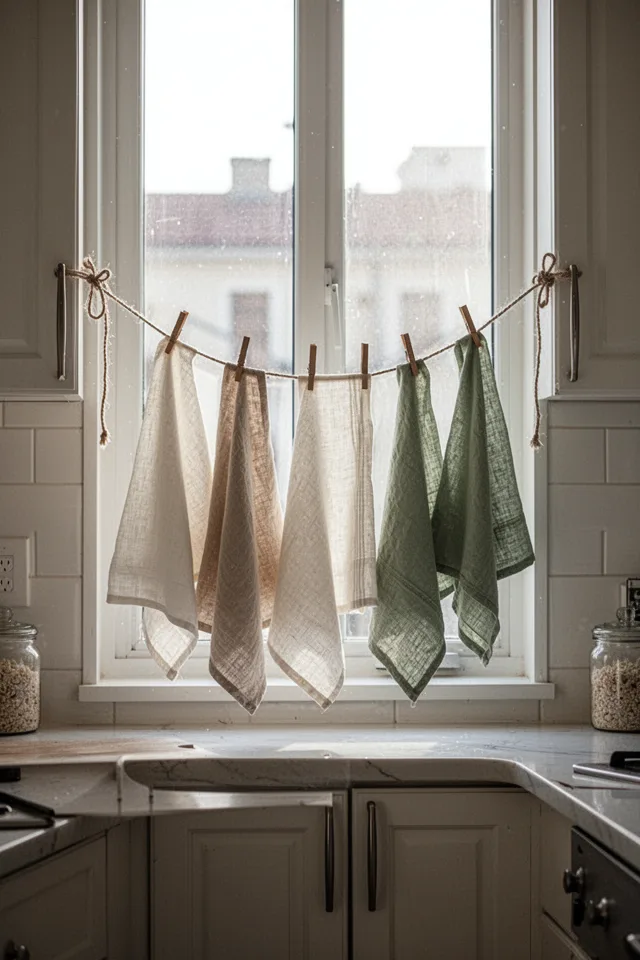 A kitchen window in a rental apartment, no curtain rod. Instead, a length of cotton rope is tied between two cabinet handles, and several linen dish towels are hung from it using wooden clothespins. Soft morning light, the towels slightly mismatched but cohesive in cream and sage.