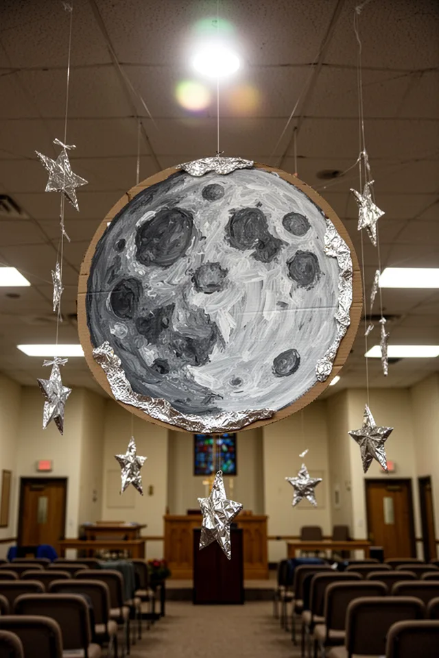 A large cardboard circle covered in crumpled aluminum foil, painted with gray and white acrylic to look like a moon, hanging from a ceiling. Several smaller foil stars hang around it on fishing line. Overhead lighting casts reflections off the foil. Church fellowship hall setting.