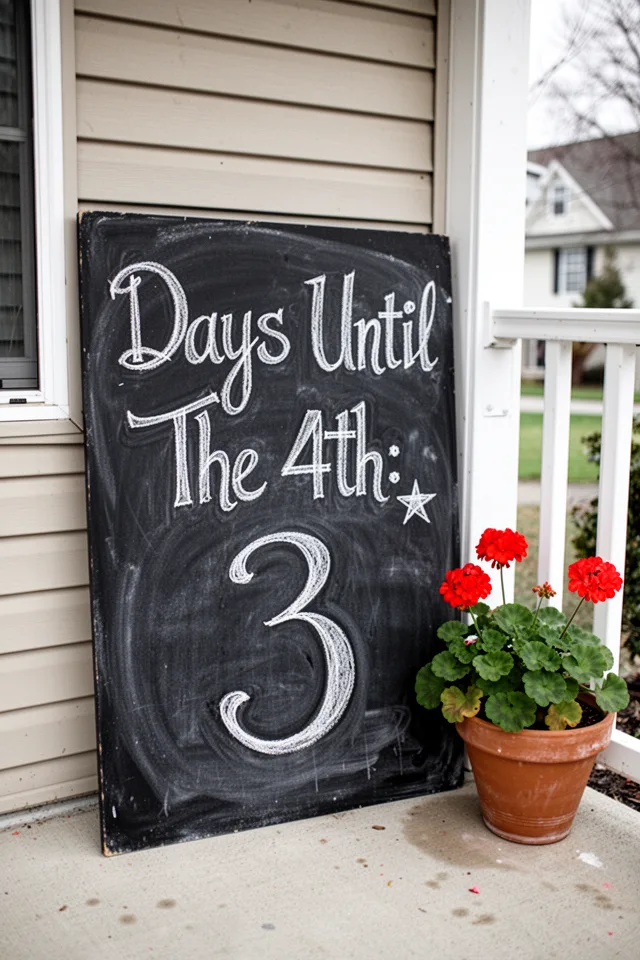 A large chalkboard sign leaning against a porch wall, reading "Days Until The 4th: 3" in elegant white chalk. A small star is drawn next to the number. A potted geranium sits beside the sign. Overcast light, no harsh shadows.