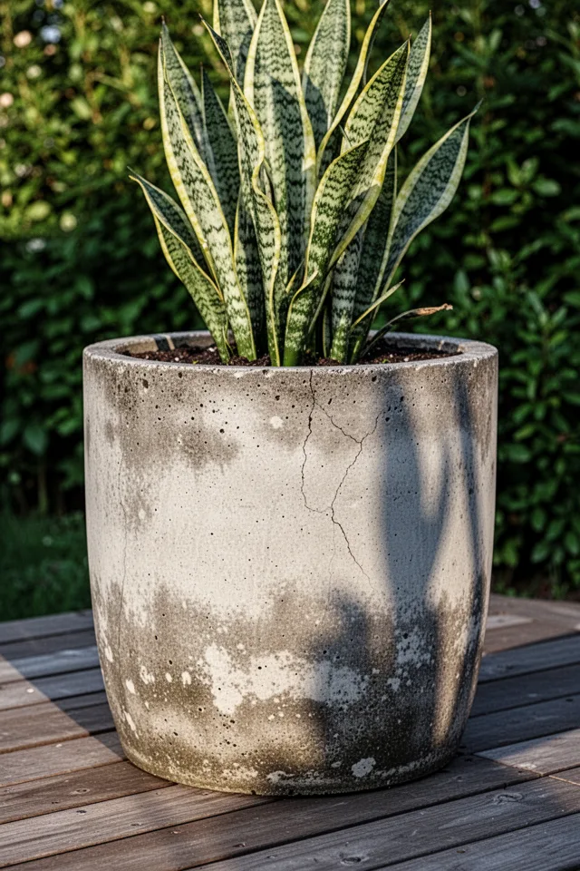 A large concrete planter with a weathered surface, sitting on a wooden deck. The planter is cylindrical with a rough texture. A snake plant grows out of it, casting a shadow. Morning light, green foliage in background. Real concrete, not smooth. Some small cracks on the surface.