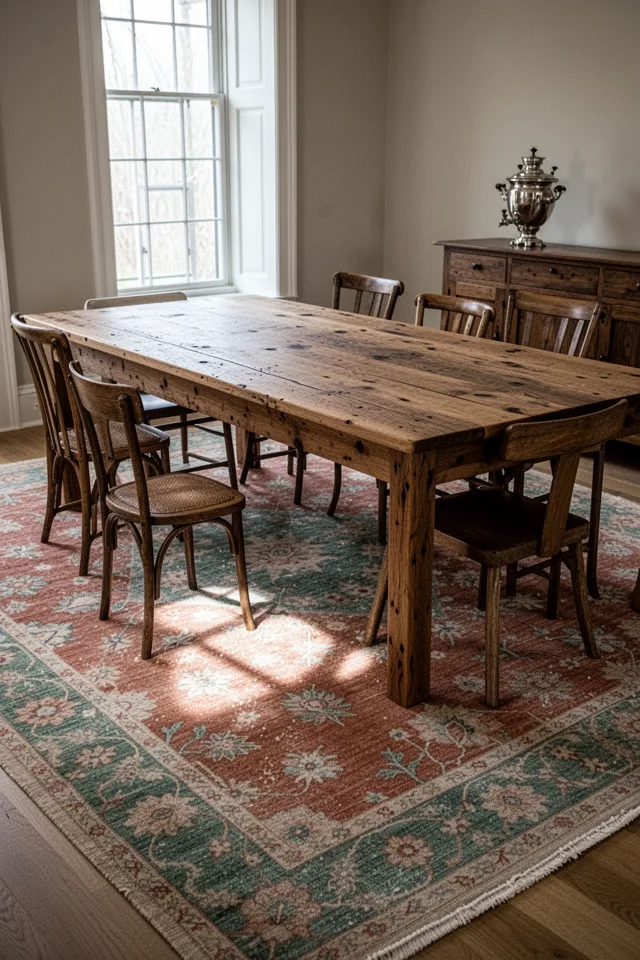 A large dining room with a ten-foot-long reclaimed oak table. Underneath, a vintage Oushak rug in muted terracotta, soft teal, and dusty rose — the pattern is a faded all-over floral, almost blurred, like watercolor on wool. The rug has high-low pile from age, with some areas slightly more worn. The light from a tall window falls across the rug, picking up the subtle sheen of the wool. Chair legs rest on the rug without any curl or lift. The room is quiet, feels lived-in. A silver samovar sits on the sideboard in the background. The overall mood is collected, not decorated.