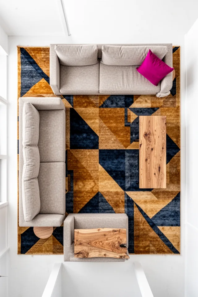 A large geometric rug in warm ochre and deep indigo under a neutral beige sofa. The rug defines the seating area. The rest of the room is white walls, a natural wood coffee table, and a single magenta throw pillow. The rug is the only major color. Shot from above, flat lay style, showing how the rug anchors the space.