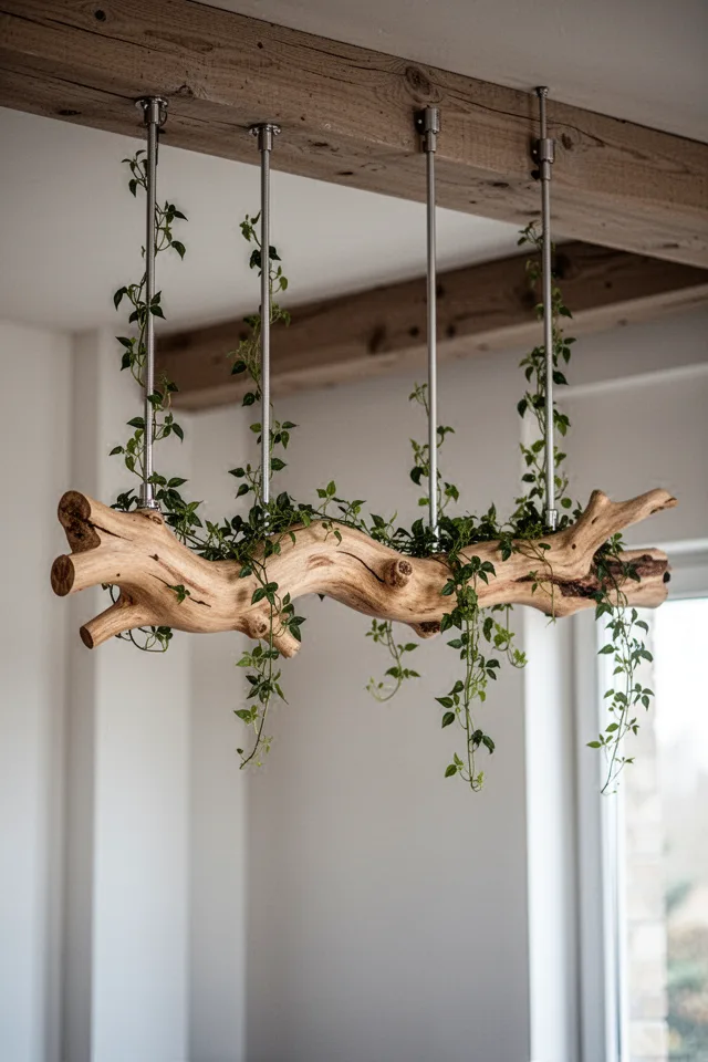 A large, naturally forked tree branch—maybe a fallen oak limb—suspended horizontally from a ceiling or beam by three stainless steel cables. The branch is stripped of bark and sanded smooth, but retains its natural shape. Small climbing plants are trained to grow up the cables and across the branch, creating a living canopy.