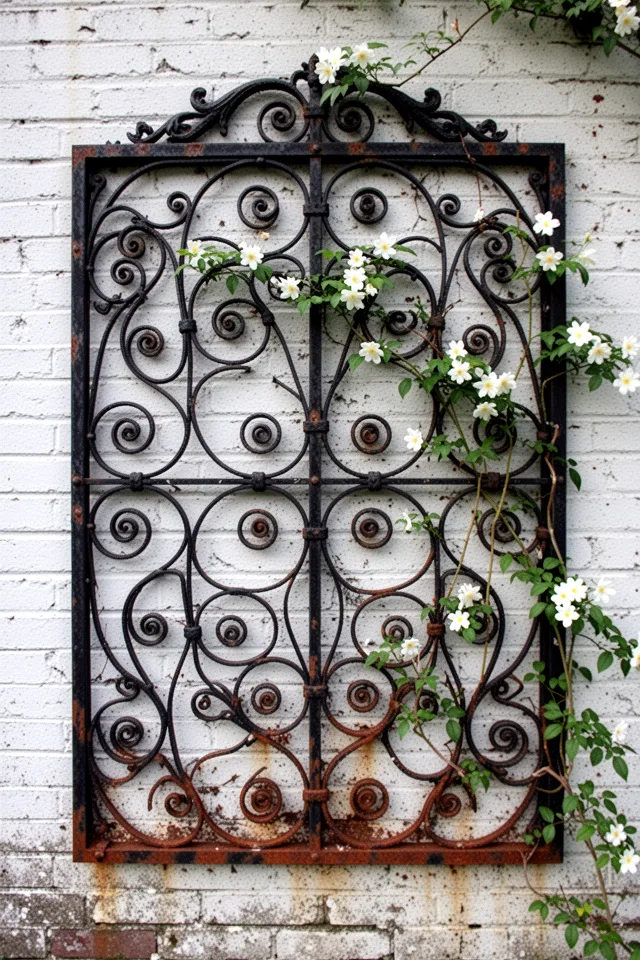 A large, ornate iron scrollwork panel—maybe 3 by 5 feet—repurposed from an old gate or fence section. The iron is black with patches of rust. The scrollwork is intricate, with curls and flourishes that catch the eye. It is mounted against a whitewashed brick wall, and a climbing jasmine has begun to thread through the scrolls.