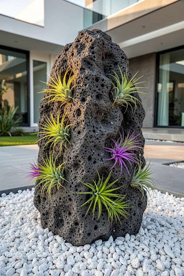 A large piece of porous lava rock (2 feet tall) sitting on a gravel bed. Tucked into the crevices of the lava rock are several air plants (tillandsia) in bright green and purple. The rock is dark gray, the gravel white. Afternoon sun, modern house background.