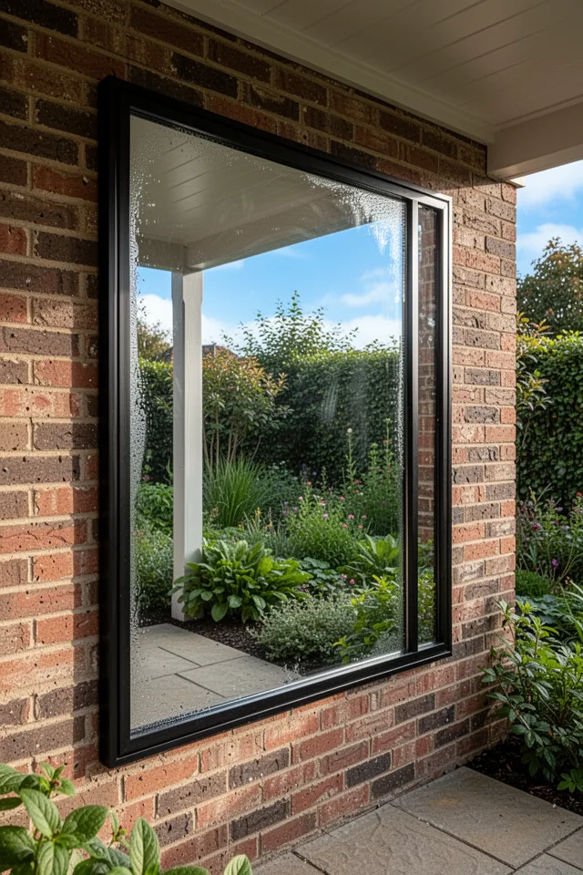 A large rectangular mirror in a black aluminium frame, mounted on a brick wall under a covered porch. The mirror reflects a lush garden bed and a piece of blue sky. The glass has slight condensation at the edges. The frame shows no rust. Morning light bounces off the glass, doubling the visual depth of the small patio.