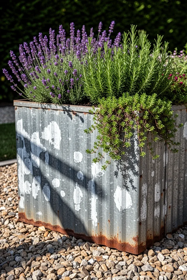 A large rectangular planter made from corrugated galvanized steel, set on a gravel bed. The metal has uneven patches of white zinc oxide and darker grey oxidation. It is planted with a mix of purple sage, rosemary, and a trailing thyme that spills over the edge. The planter sits at hip height. Summer noon sun casts a sharp shadow across the metal.