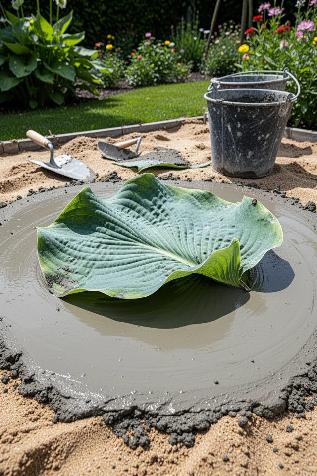 A large rubber plant leaf (or hosta leaf) resting on a sand bed, covered with wet concrete. The leaf is curved upward at the edges. The concrete is still wet, smooth and gray. A trowel and bucket sit nearby. Bright outdoor light, garden background.