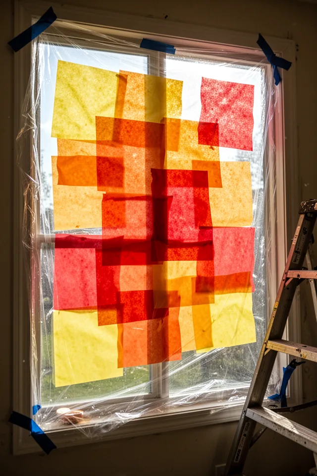 A large sheet of clear plastic taped to a window frame, covered with overlapping squares of colored tissue paper in yellow, orange, and red. Sunlight streams through from behind, making the tissue paper glow. A ladder leans nearby. Bright morning light.