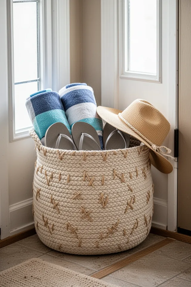 A large, soft basket made from coiled cotton rope and stitched with twine, sitting in an entryway. It holds two rolled beach towels, a pair of flip-flops, and a sun hat. The rope is natural undyed. Morning light through a sidelight window.