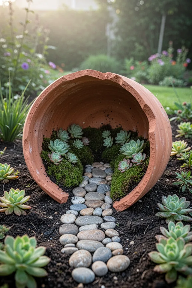 A large terra cotta pot broken in half, laid on its side in a garden bed. The broken edge faces upward, and the inside is planted with small succulents and moss. A miniature path of pebbles leads into the pot. Soft morning light.