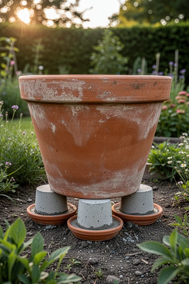 A large terra cotta pot sitting on three concrete feet (small terra cotta saucers filled with concrete). The feet elevate the pot slightly, allowing drainage. The concrete is exposed, the terra cotta above is weathered. Afternoon light, garden.