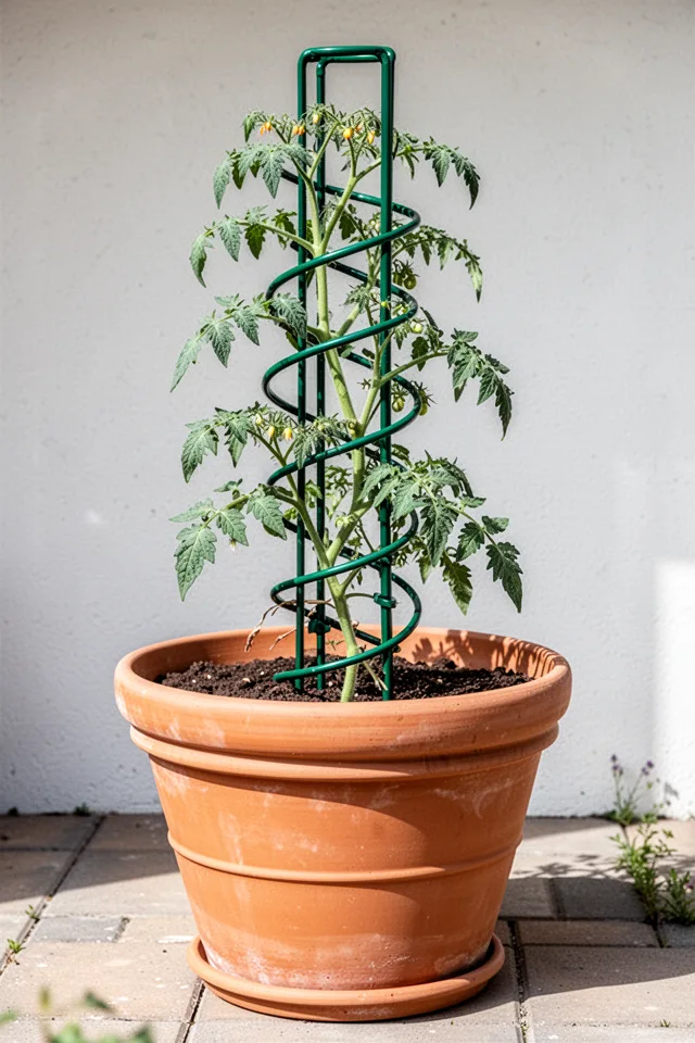 A large terracotta pot with a tomato plant growing up a spiral metal stake. The stake is green-coated steel, with the plant weaving through the spiral. The pot sits on a patio. Bright sun, clean background.