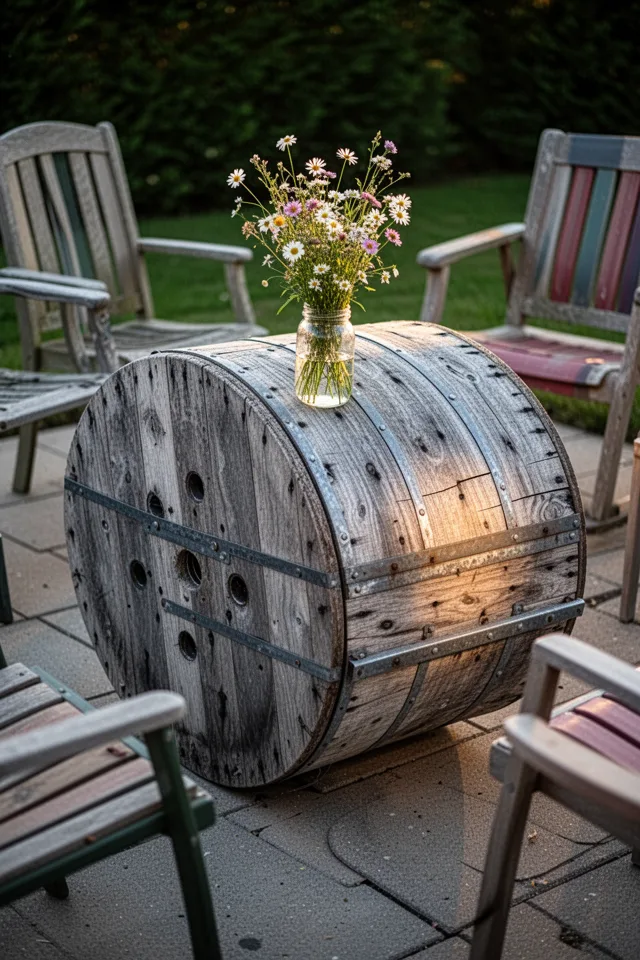 A large wooden cable spool turned on its side and used as a low table on a patio. The wood is weathered grey with visible grain and metal bands. A glass jar with wildflowers sits on top. The spool is surrounded by mismatched outdoor chairs. Late afternoon light creates a warm glow on the weathered surface.