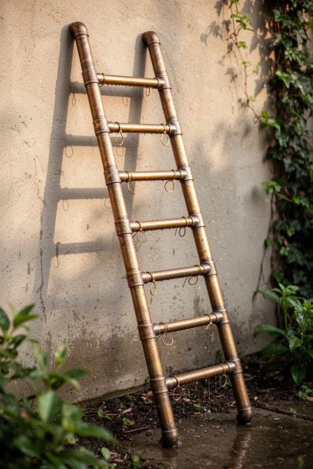 A leaning ladder made from two lengths of 1-inch bronze pipe and five shorter crossbars. The finish is raw, not polished—it will patina unevenly over time. The ladder leans against a wall at about 70 degrees, and each rung has a small loop of brass wire for tying vines. The metal warms in the afternoon sun and gives off a faint, mineral smell when it rains.
