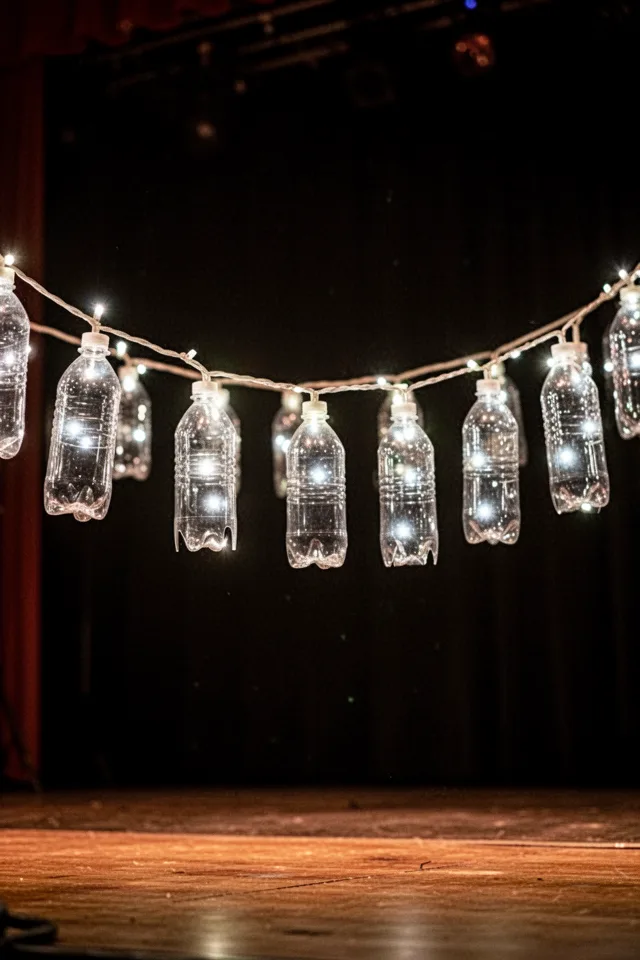 A length of white LED string lights, each bulb inserted into a clear plastic water bottle with the bottom cut off. The bottles act as diffusers, creating soft orbs of light. The string hangs across a stage. Dark background, warm glow.