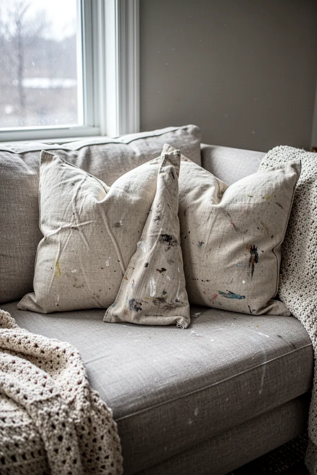 A linen sofa with two throw pillows made from a painter
