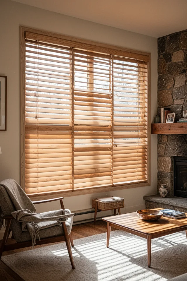 A living room window covered by horizontal wood slats (similar to blinds but with 2-inch wide basswood slats). The slats are natural light oak, with a subtle grain. They