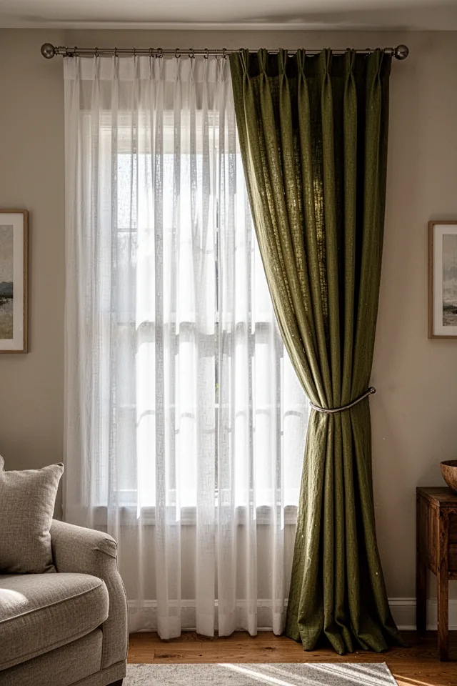 A living room window with a double curtain rod. The back rod holds light-filtering white sheers; the front rod holds heavy linen drapes in a deep olive green. The drapes are pulled back with a simple metal holdback, revealing the sheers. The layers create depth. Afternoon light streaming in.