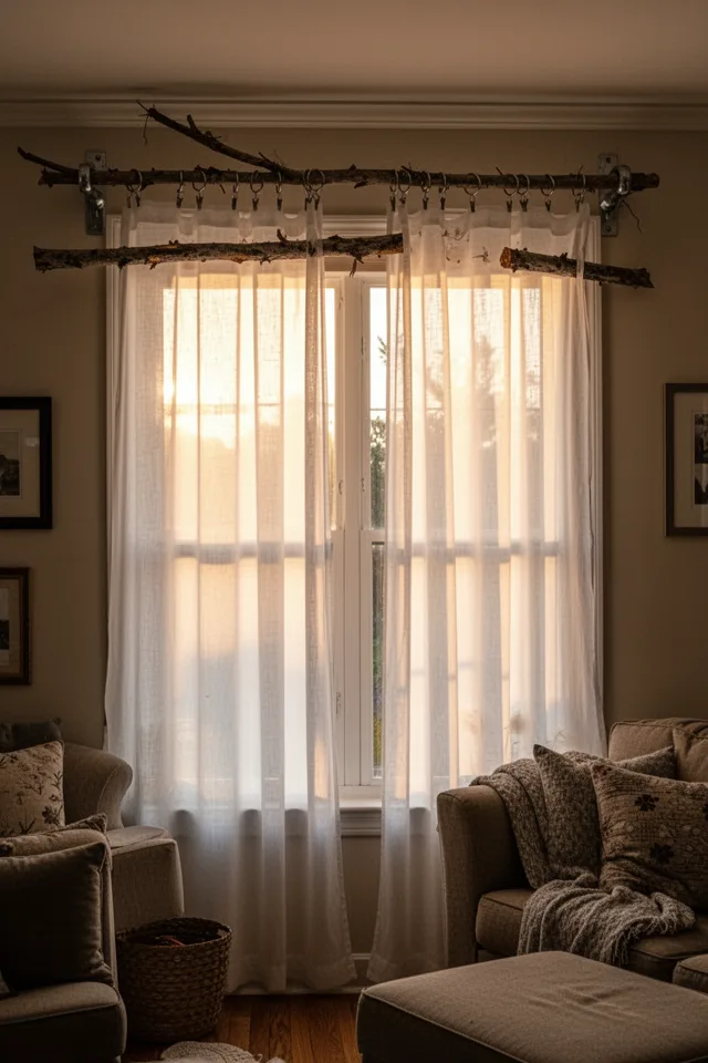 A living room window with a long, straight fallen branch used as a curtain rod, supported by two metal brackets. Sheer white curtains hang from rings clipped to the branch. The bark is still intact. Late afternoon light filters through the sheers.