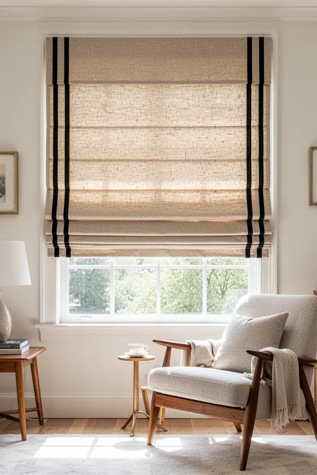 A living room window with a roman shade made of natural linen in a warm oatmeal color. Black cotton tape trim runs vertically along the edges and across each fold line. The shade is pulled halfway up, showing clean horizontal folds. Mid-century armchair, bright daylight.