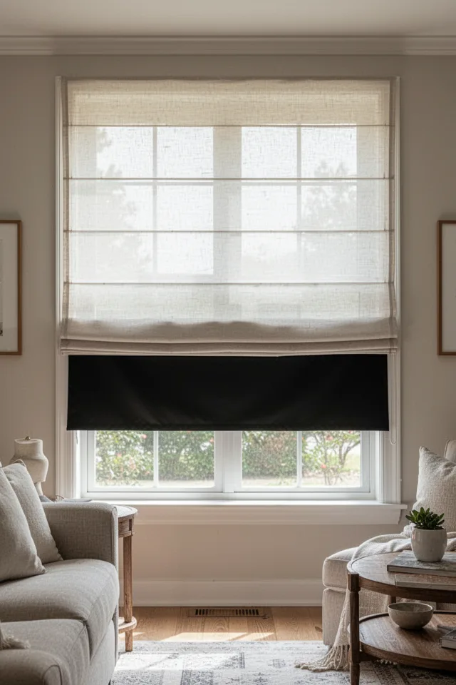A living room window with a roman shade that appears to be a light-filtering sheer fabric. But when fully lowered, the shade is opaque. The secret: a blackout liner attached to the back of the sheer fabric. The shade is halfway up, showing the sheer top and opaque bottom. Soft daylight.